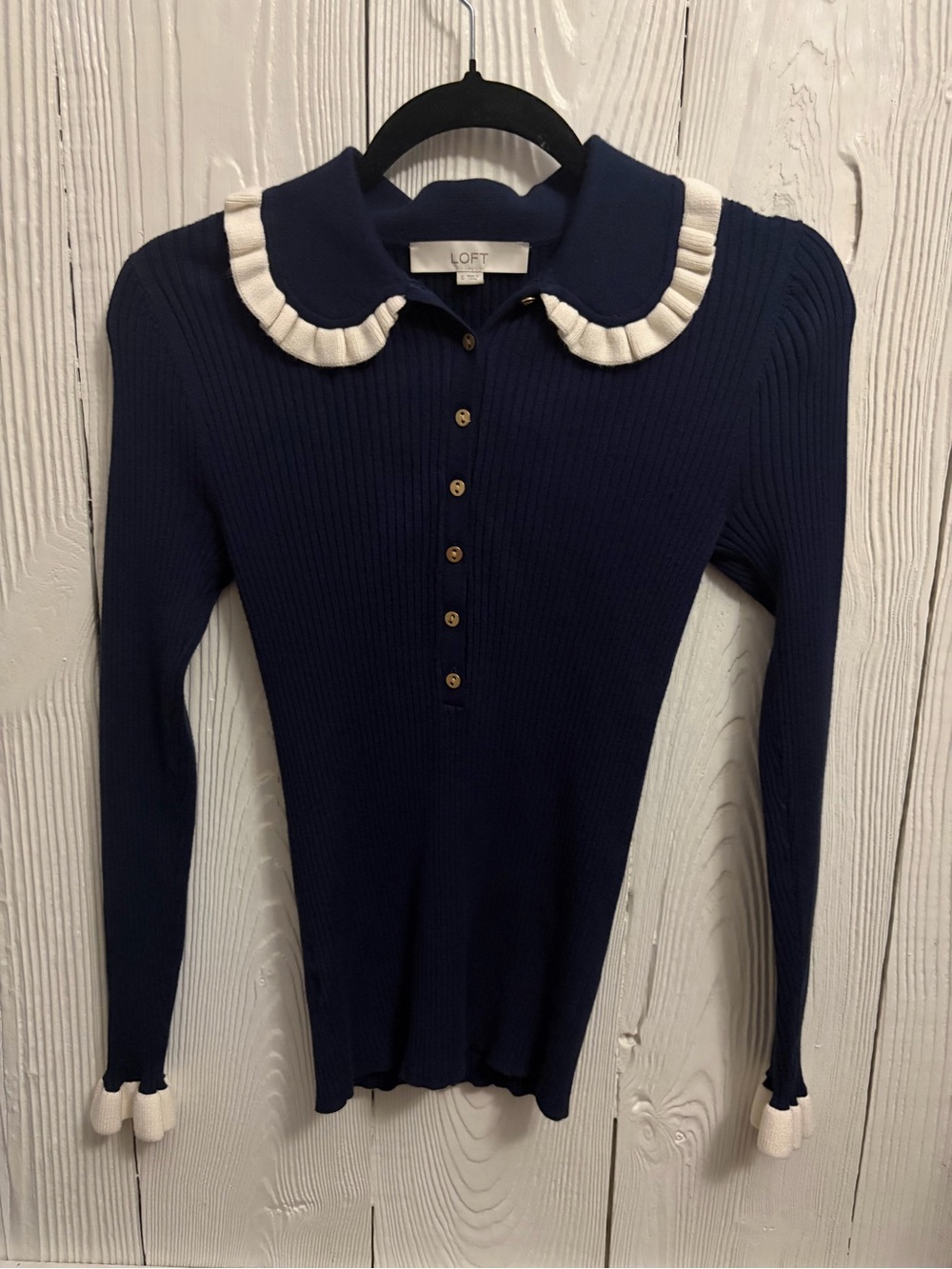 LOFT Navy Blue Ruffle Trim Knit Polo Sweater Small - Picture 2 of 10